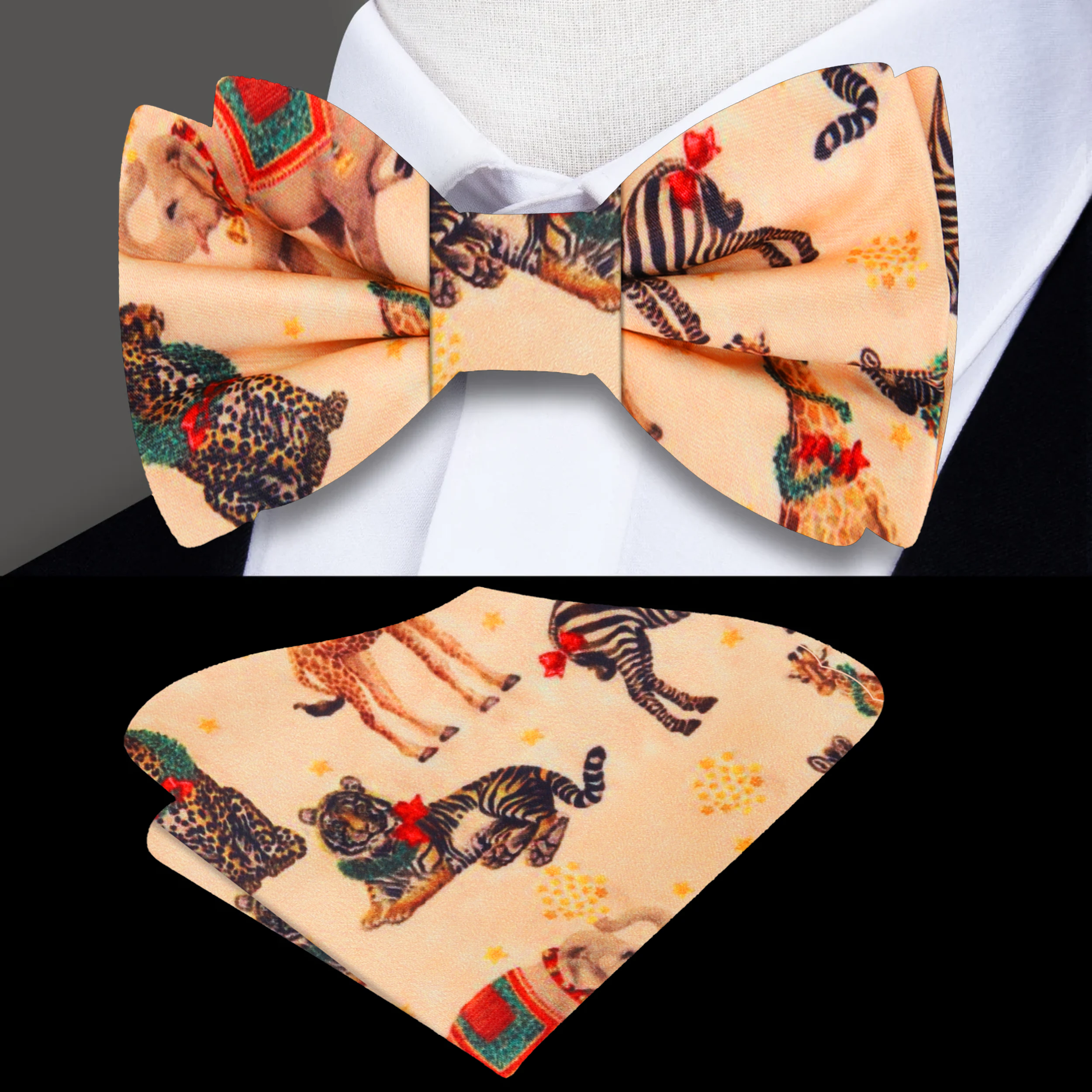Detail shot showing the intricate animal and wreath pattern — perfect festive accessories for men.