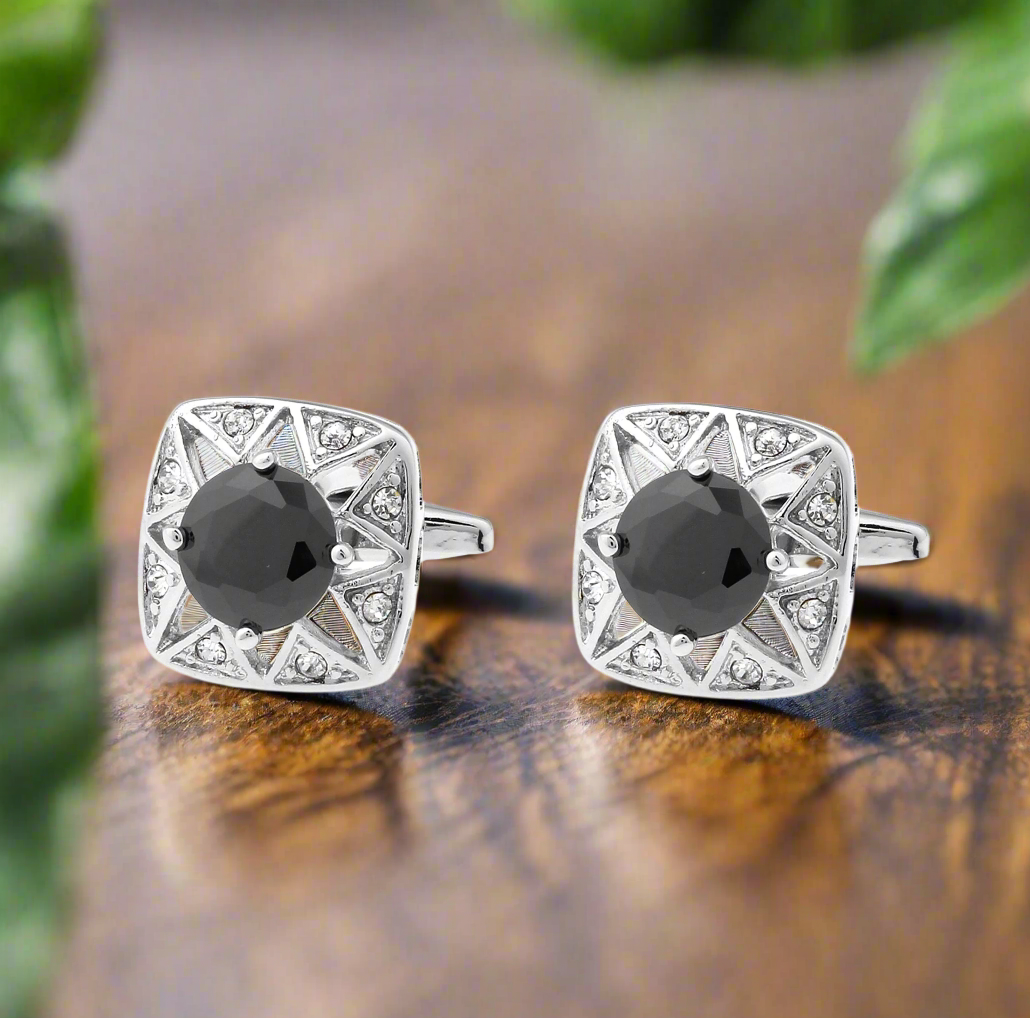 Front view of chrome square cufflinks with clear stones, perfect for formal events