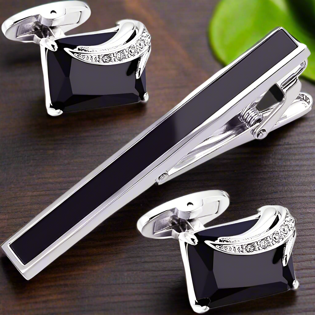 Close-up of rectangular cufflinks with stone accents from men's gift set