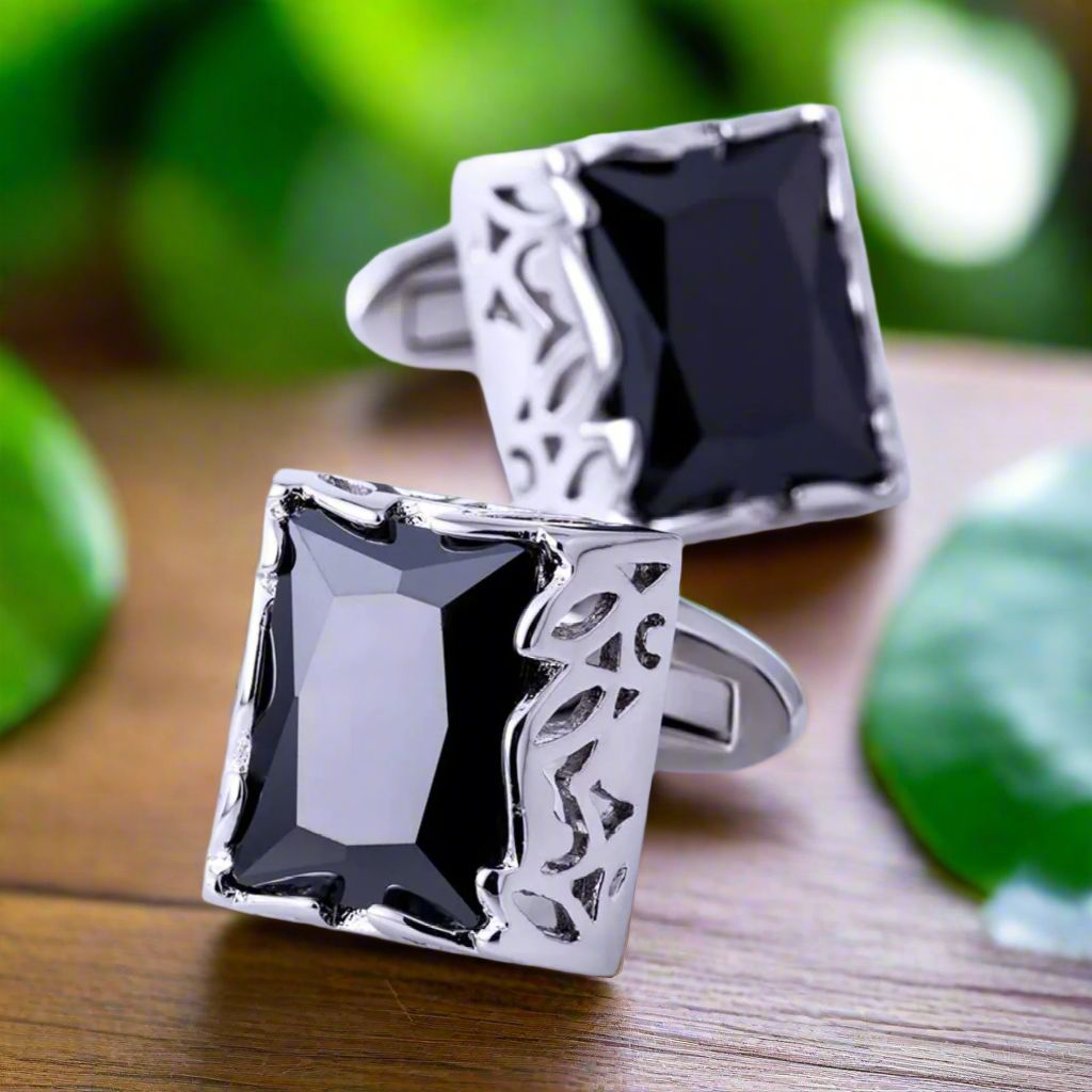Close-up of stylish cufflinks for formal wear with vibrant blue accents