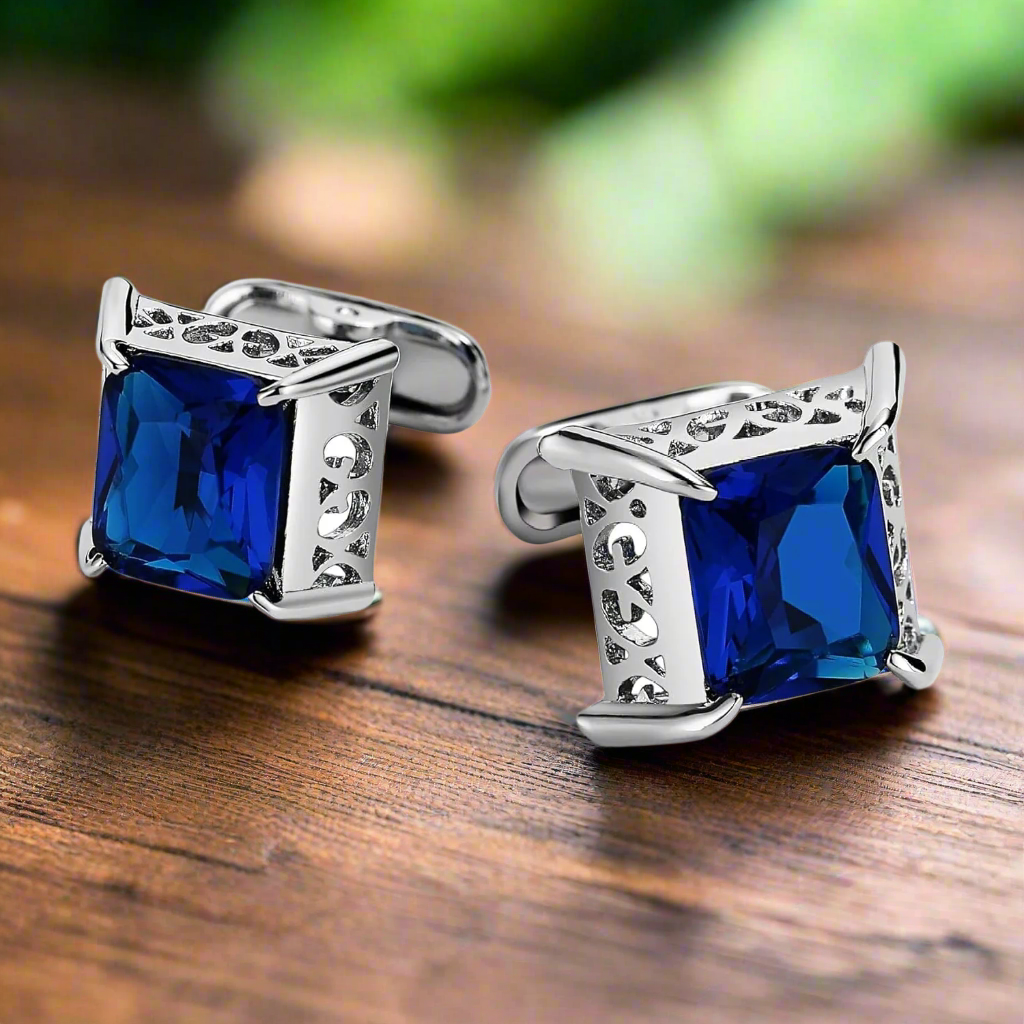 Square cufflinks with blue stones for business attire