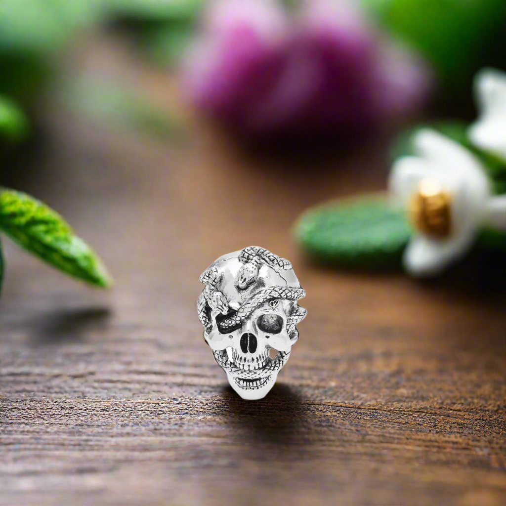 Close-up of the gothic skull lapel pin in silver finish, showcasing its intricate details.