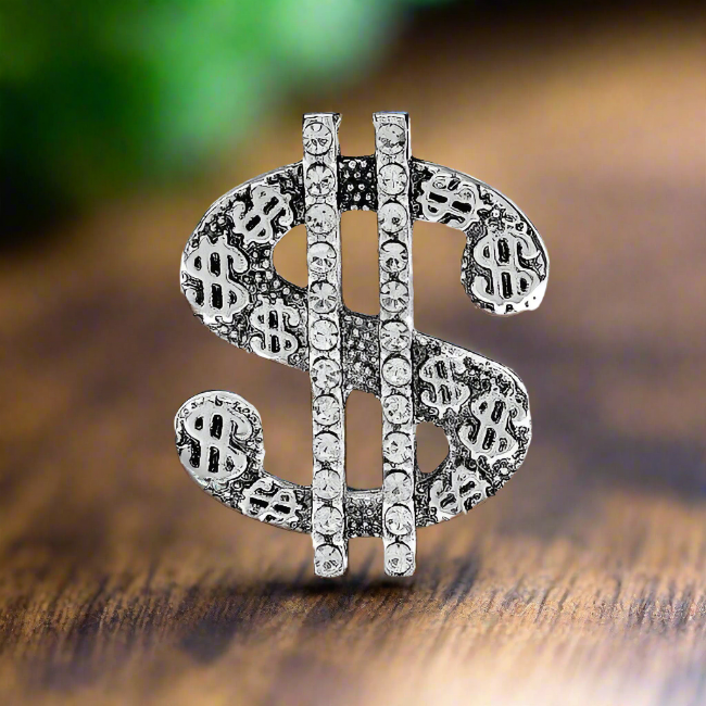 Gold and Chrome Wealth Rhinestone Lapel Pin worn on a suit lapel, highlighting its elegant design.