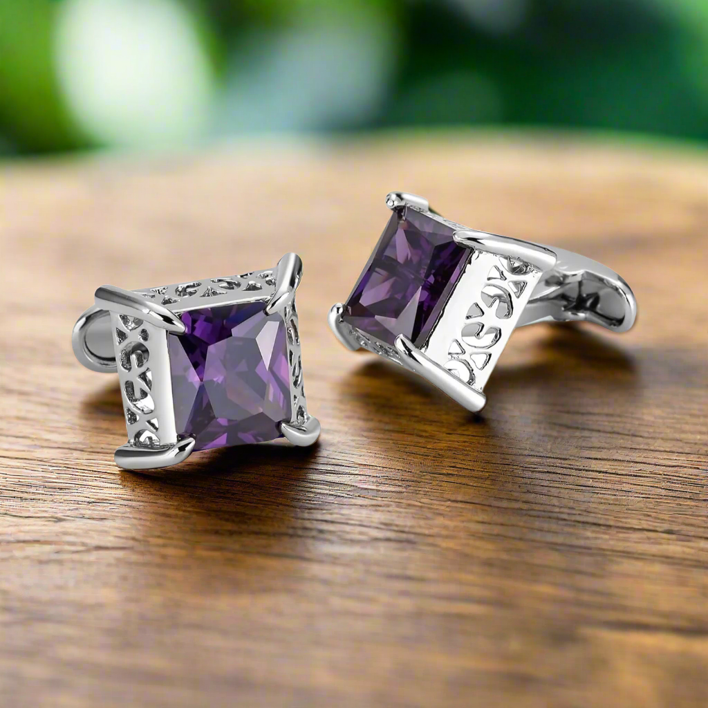 Elegant blue stone cufflinks with chrome finish on a formal shirt