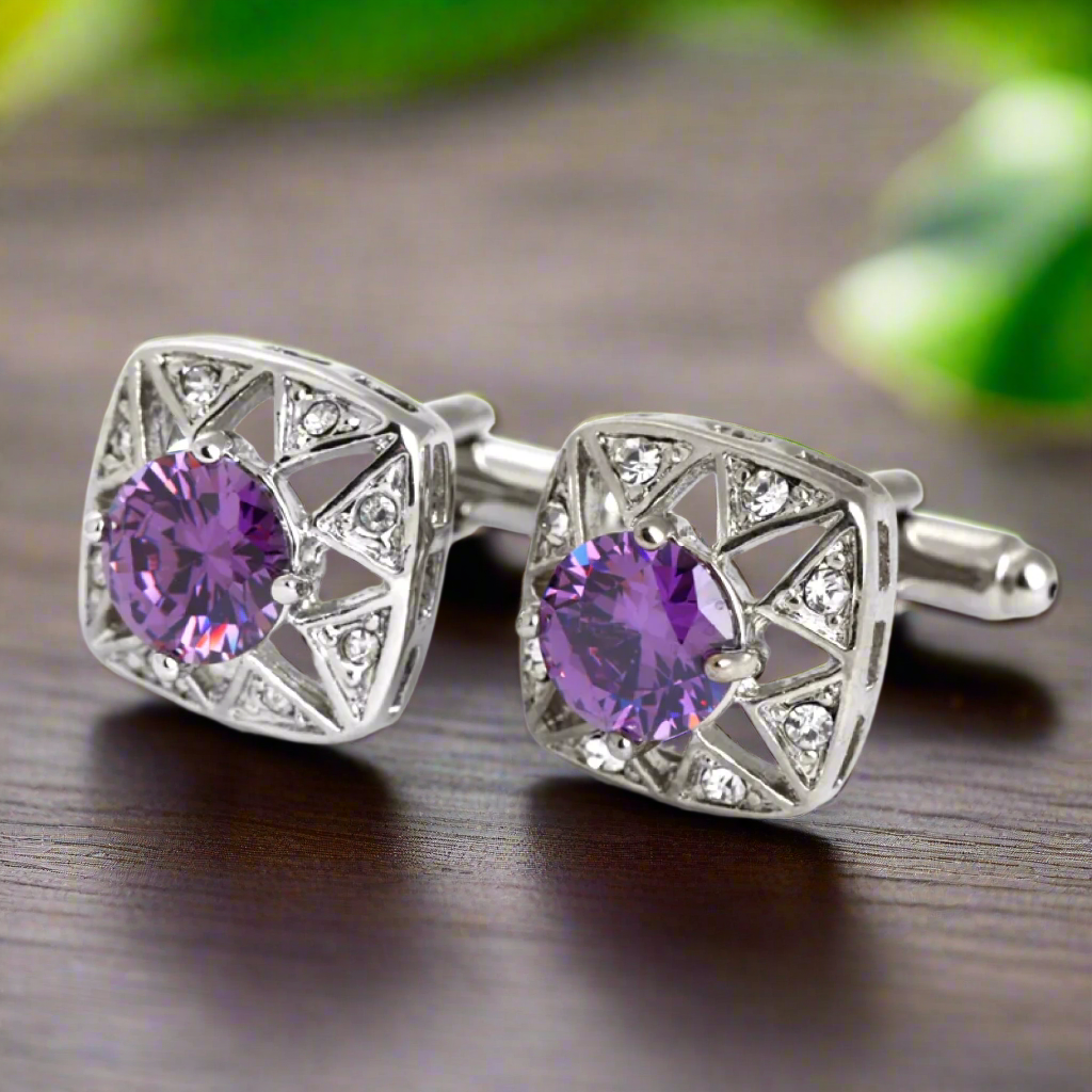 Close-up of square cufflinks showing detailed craftsmanship and shine