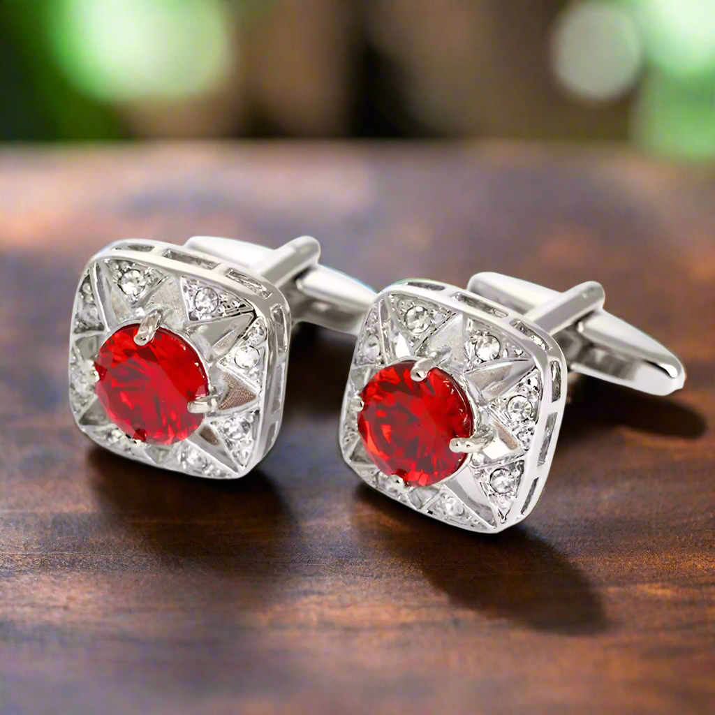 Mens cufflinks with a sleek chrome finish and sparkling stones, ideal for weddings