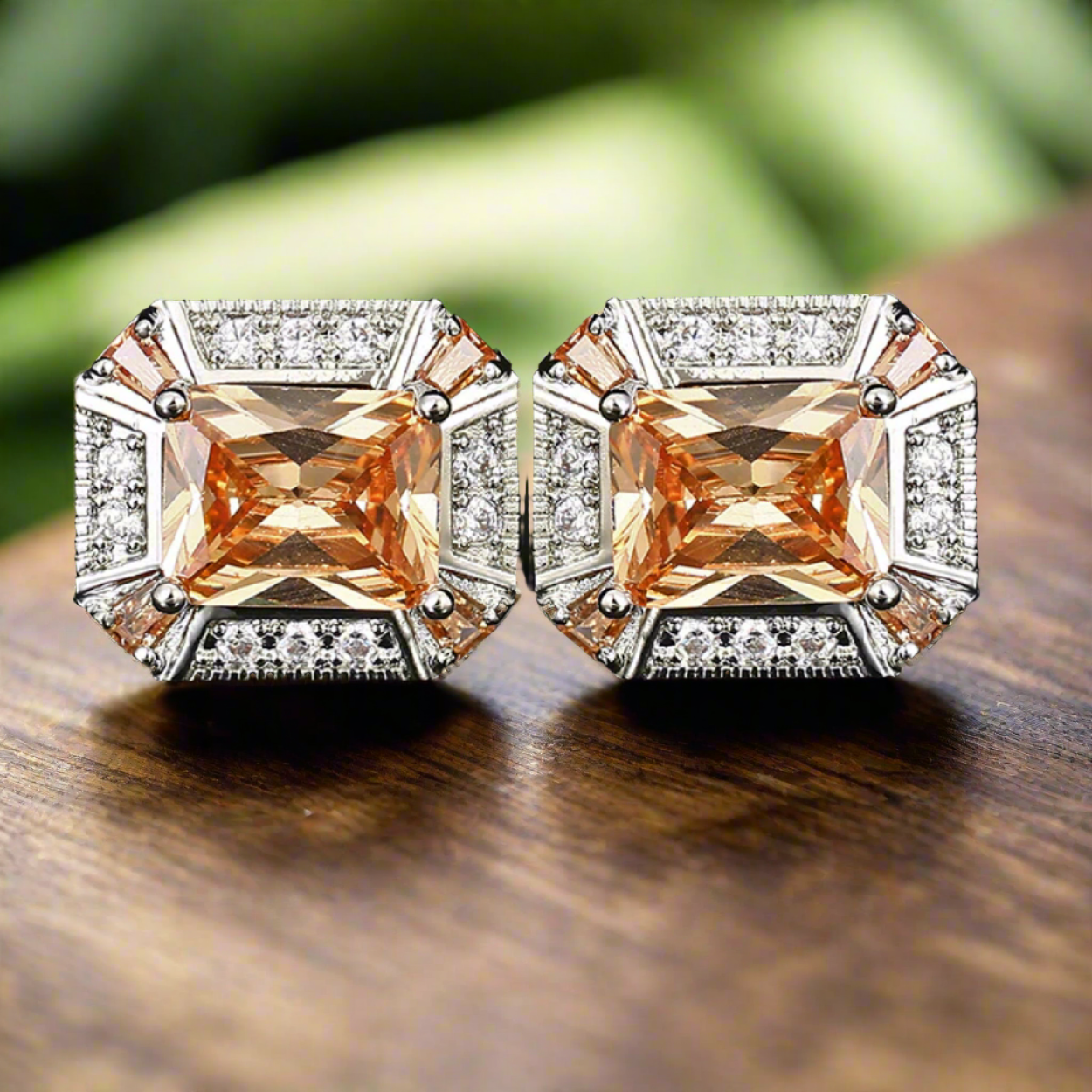 Elegant octagon luxury cufflinks with amber stones, perfect for weddings.