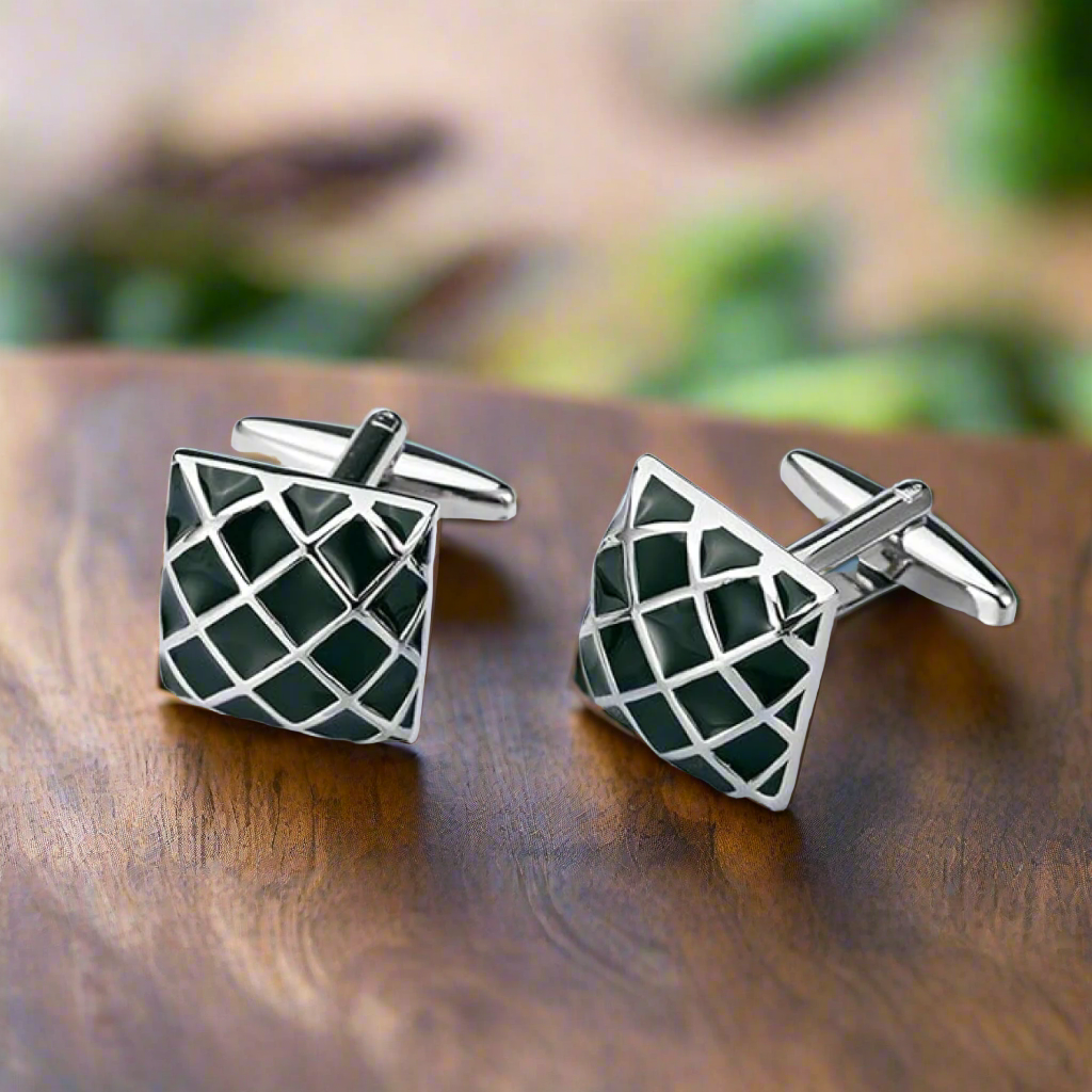 Close-up of unique cufflinks suitable for wedding or business attire