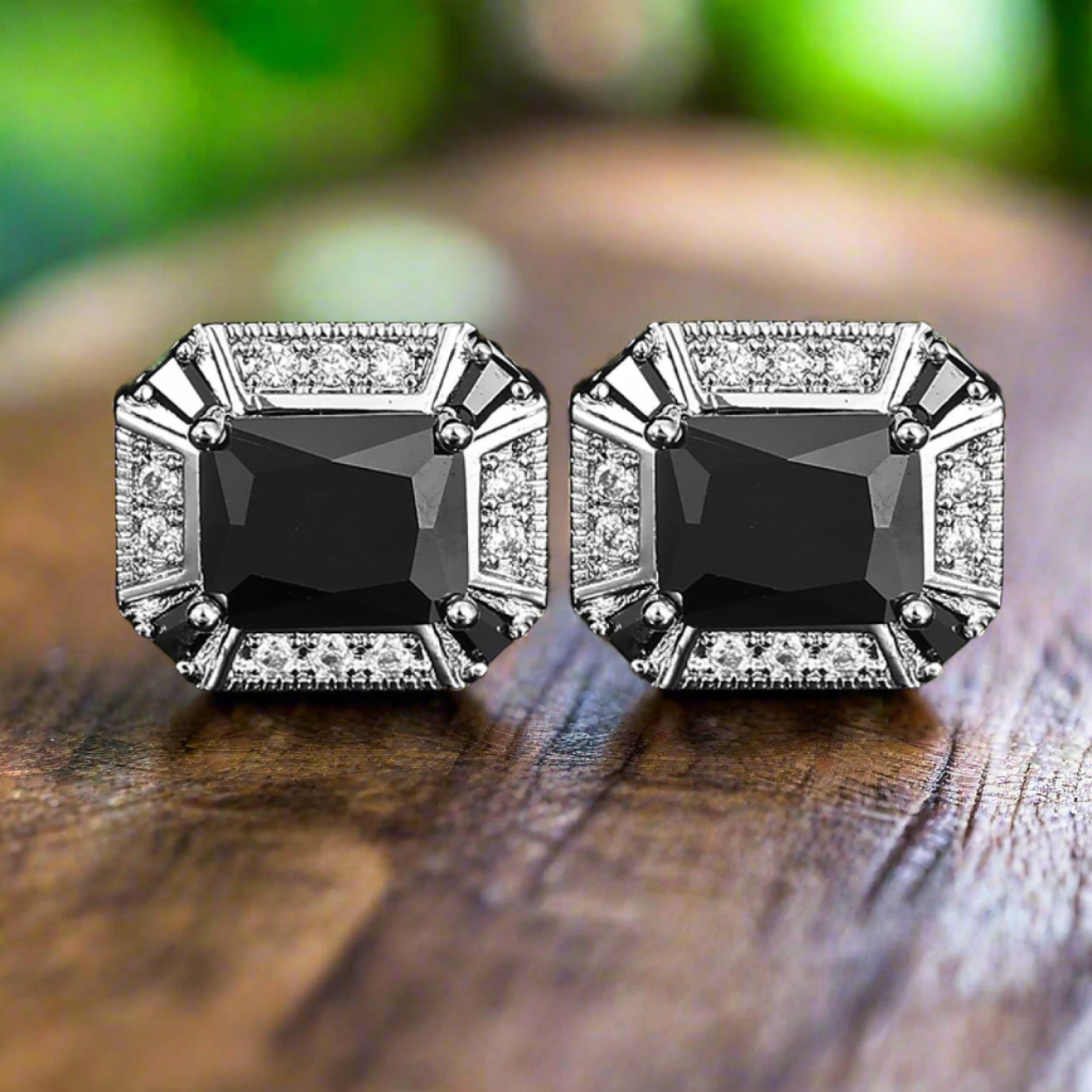 Classic octagon cufflinks with black stones, perfect for black-tie occasions.