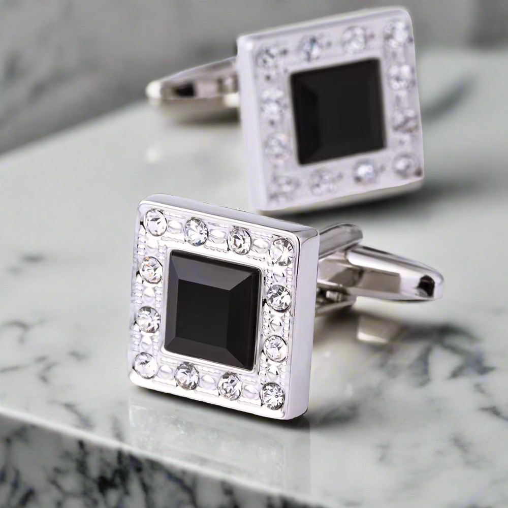 Fashion jewelry cufflinks displayed on a shirt cuff for style enhancement