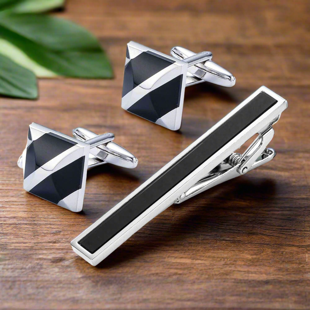 Front view of modern square chrome cufflinks with pearl inlay, ideal for formal wear