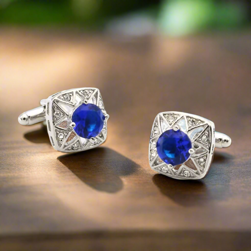 Mens cufflinks with a sleek chrome finish and sparkling stones, ideal for weddings