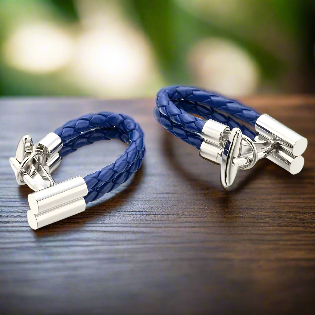 Pair of cable cufflinks on a white shirt cuff, ideal for weddings and formal events
