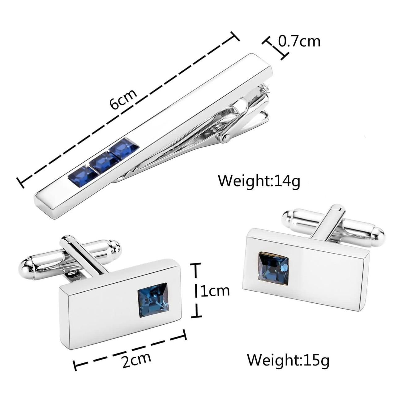 Rectangle bluestone cufflinks and tie bar set displayed elegantly on a suit jacket.