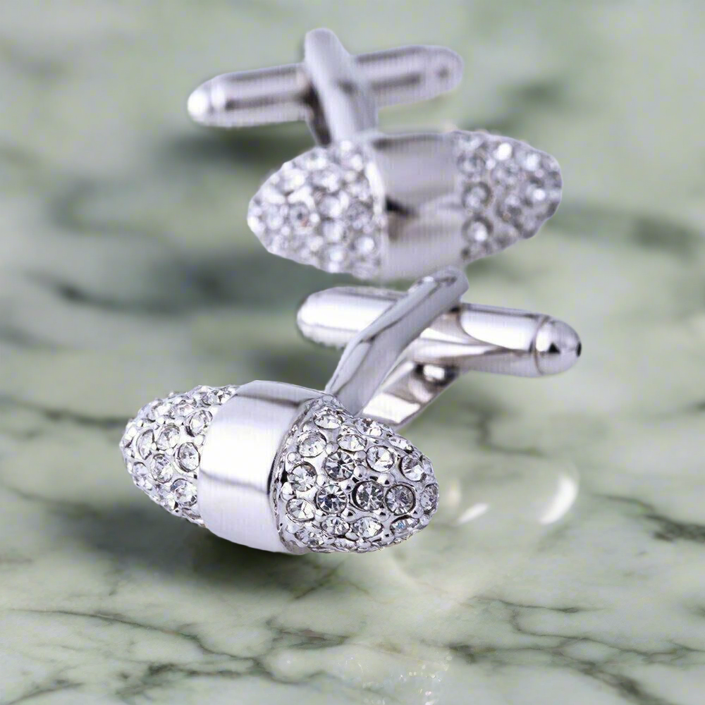 Close-up of chrome crystal cufflinks for tuxedo with clear stones