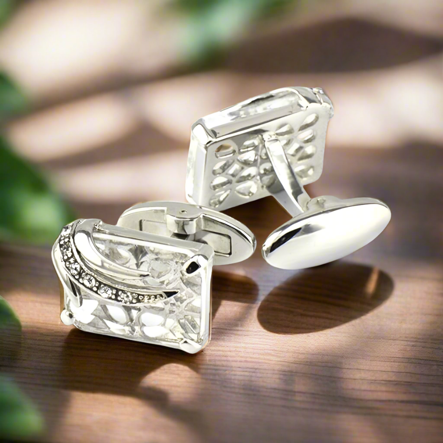 Mens formal outfit featuring Lagoon Series cufflinks with navy suit