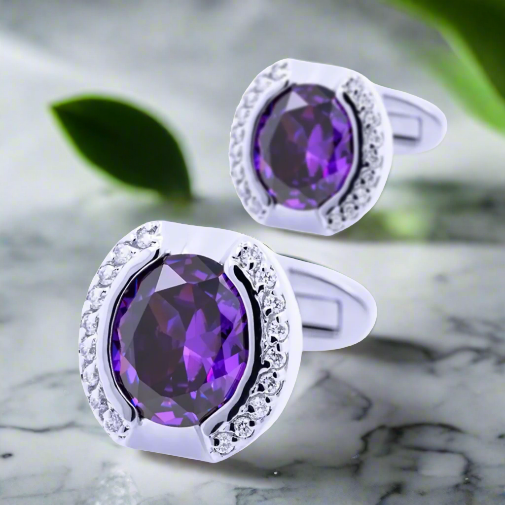 Elegant purple enamel cufflinks with chrome finish, ideal for formal occasions