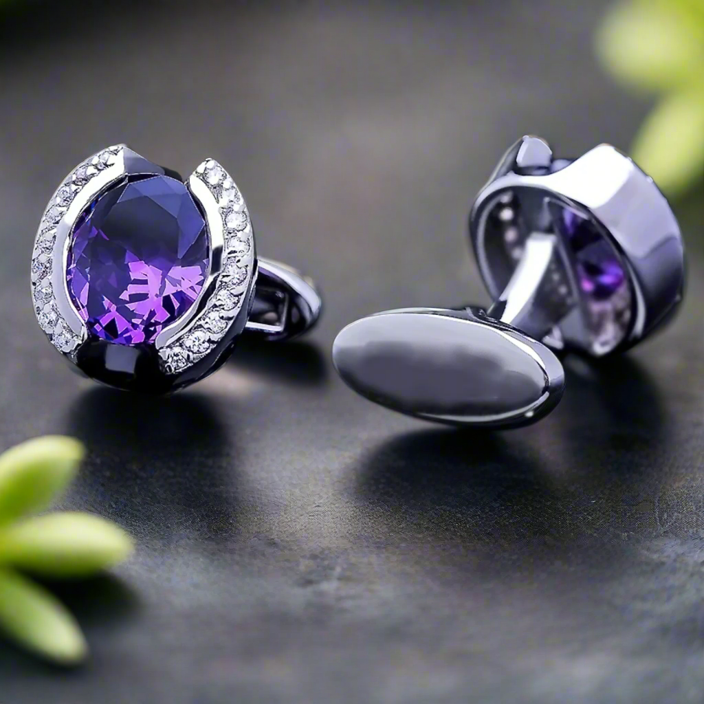 Stylish mens accessories featuring purple enamel cufflinks for business professionals