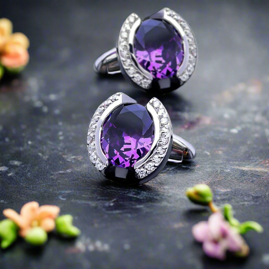 Close-up shot of purple enamel cufflinks on a shirt cuff, showcasing their luxury design