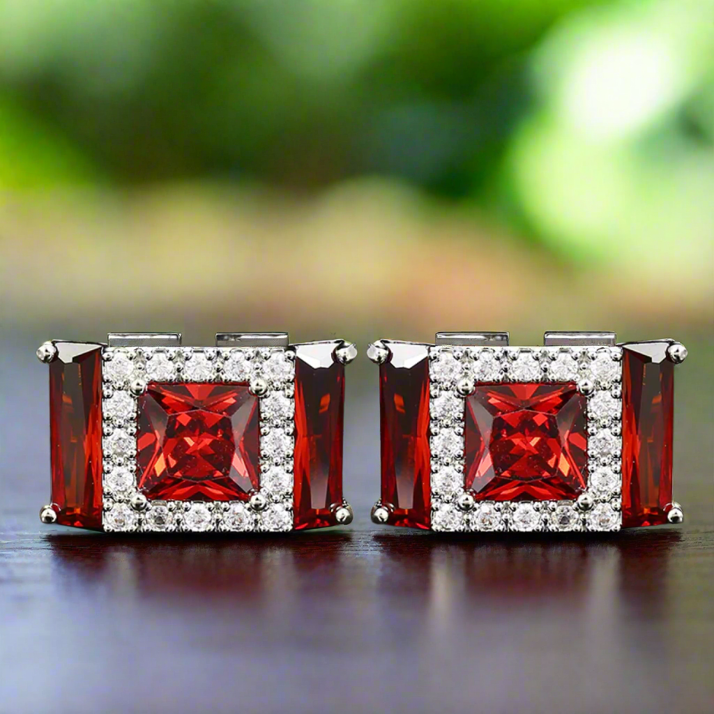 Rectangular gemstone cufflinks in rich red, perfect for formal attire.