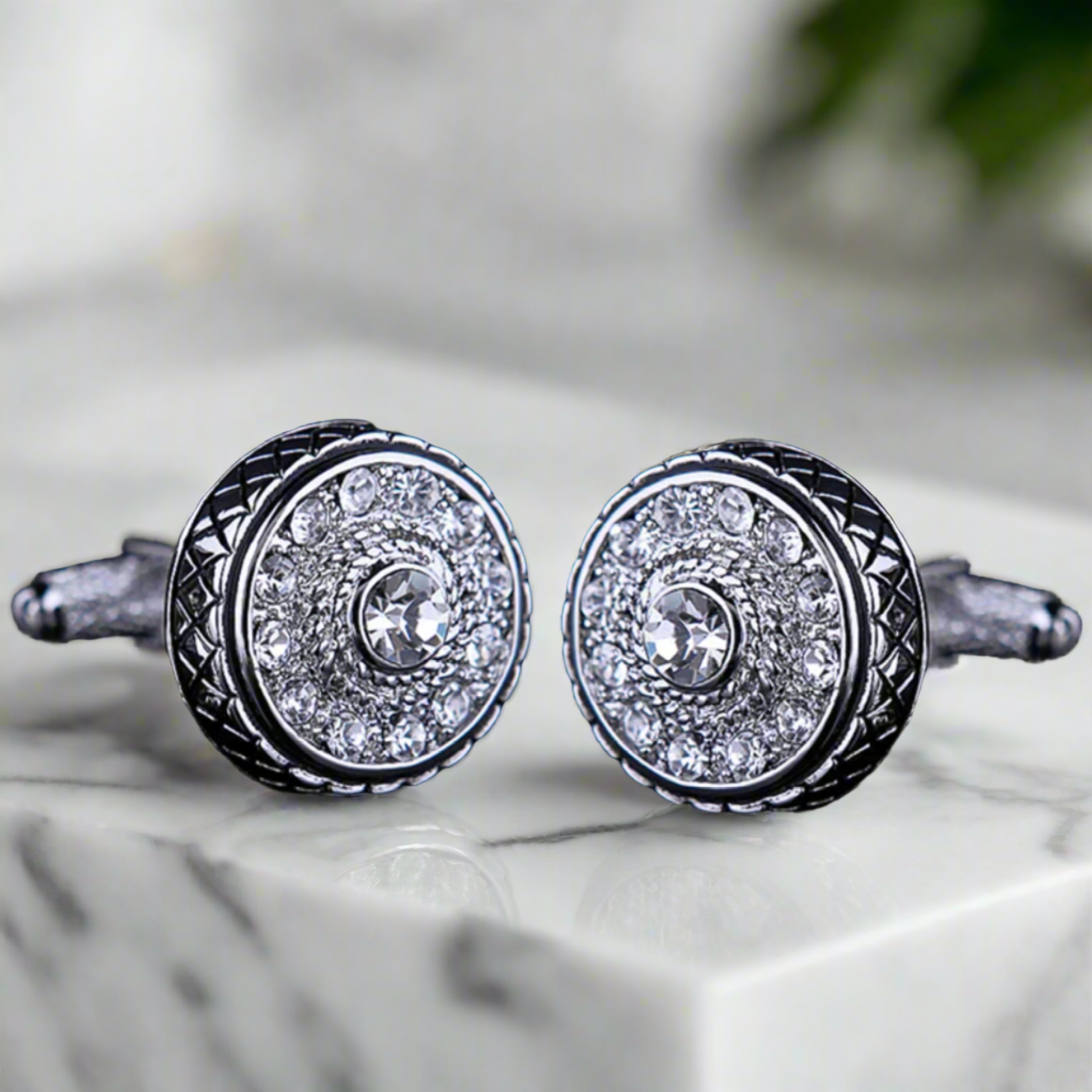 Stylish gemstone cufflinks with circular design in a formal setting