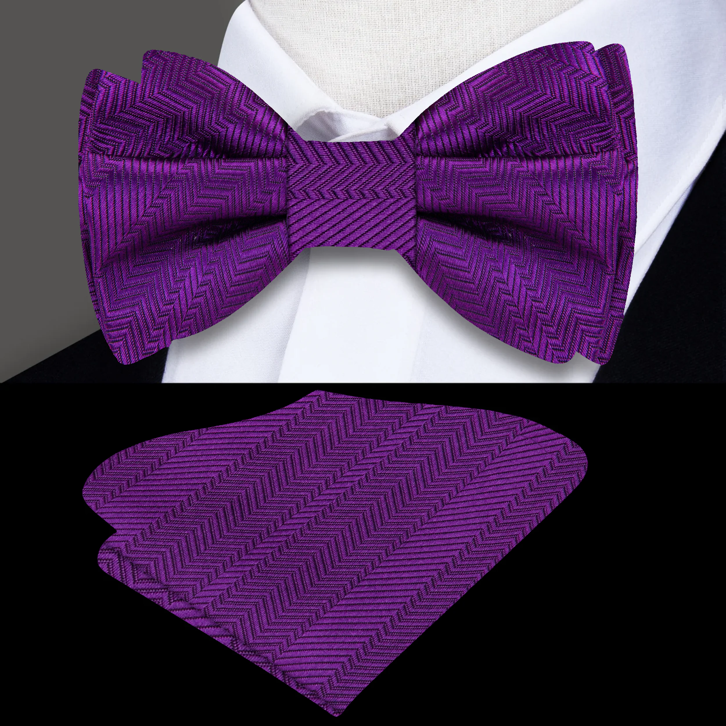 Elegant pink and purple lined texture bow tie worn with a white dress shirt