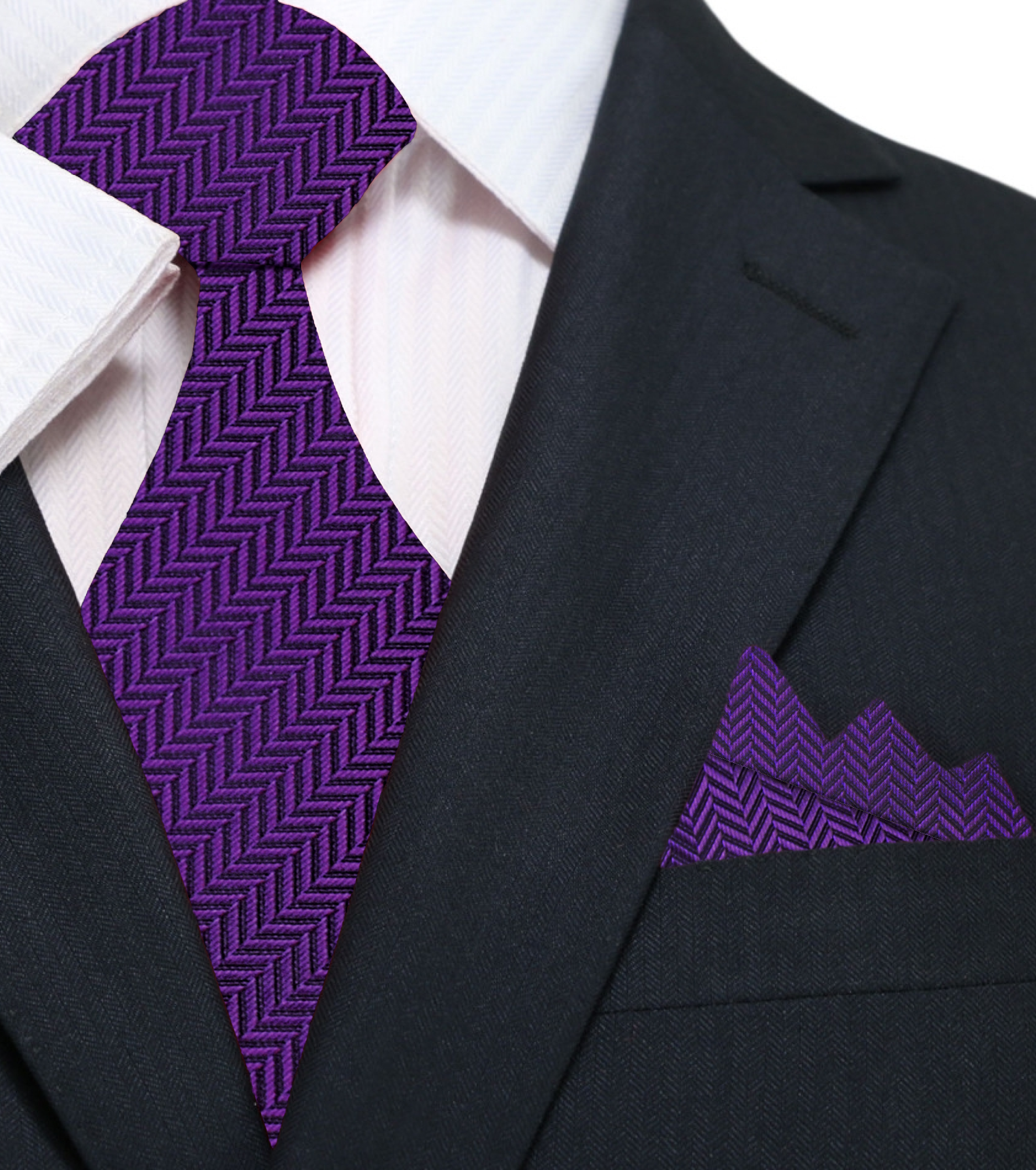 Pocket square matching the pink and purple silk necktie, elegantly folded on a polished wooden surface.