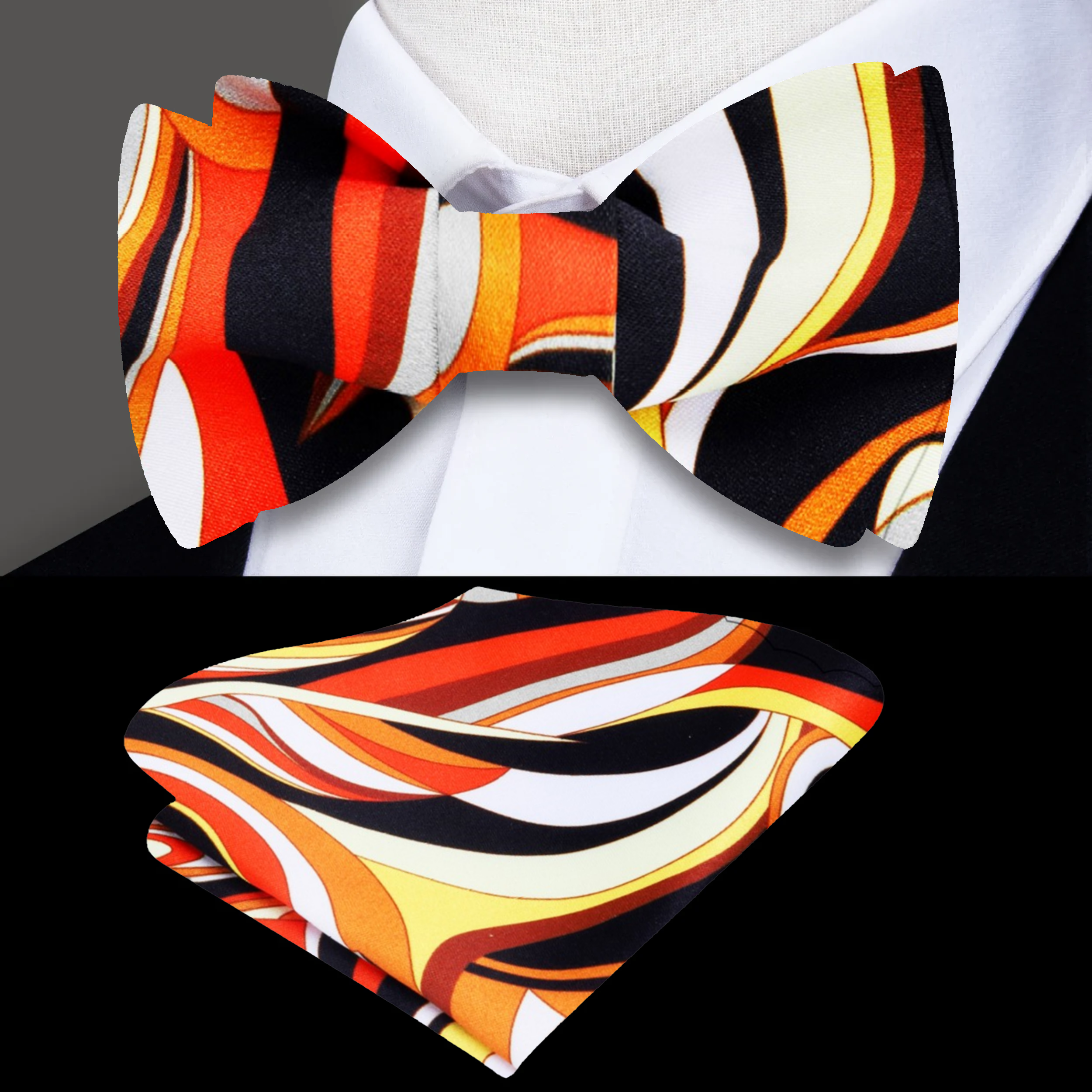 Close-up of vibrant abstract self-tie bow tie showcasing intricate patterns and colors.