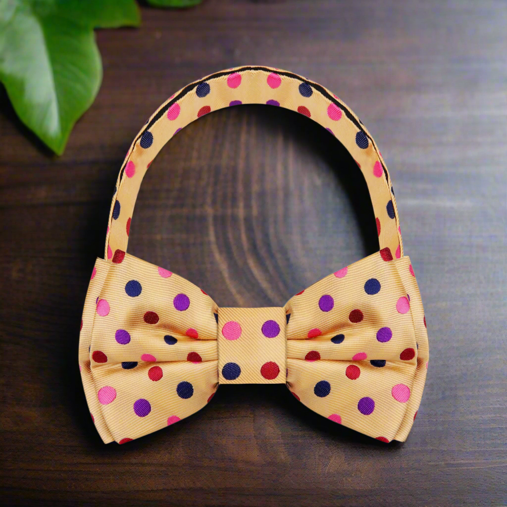 Close-up of the Durnewood Blue Polka Dot Bow Tie showcasing vibrant multi-color dots.