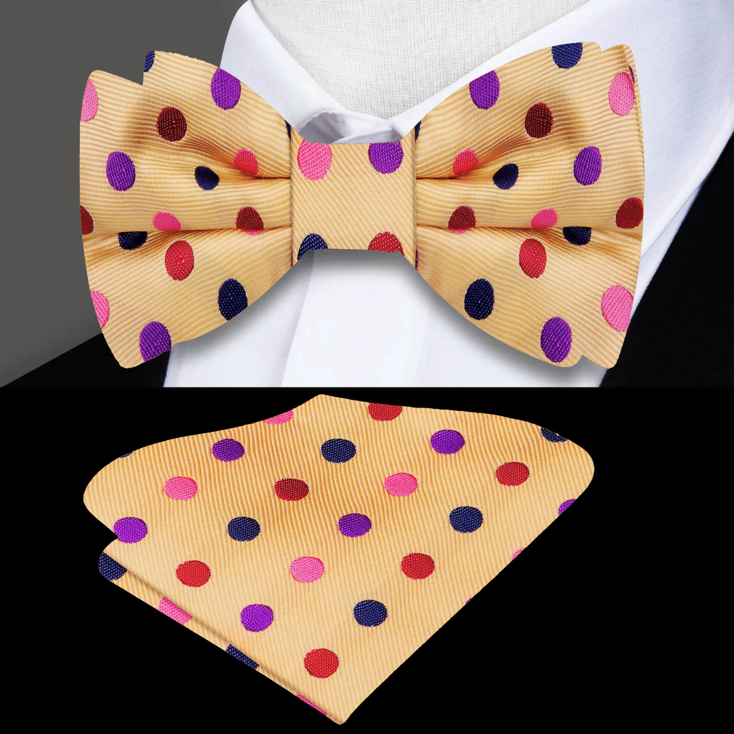 Durnewood Blue Polka Dot Bow Tie styled with a crisp white dress shirt for a polished look.