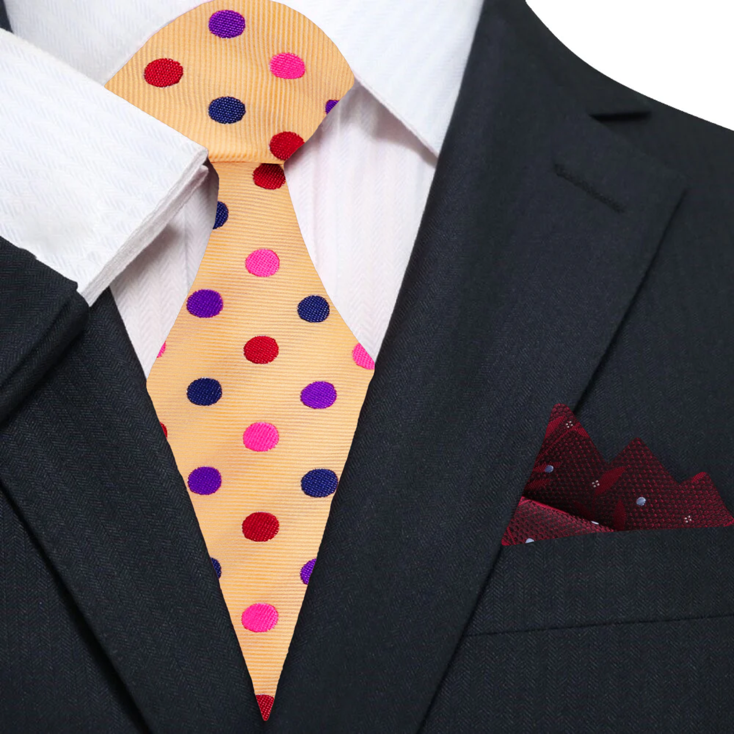 Close-up of the elegant polka dot silk necktie, showcasing the vibrant multi-color pattern for formal events.