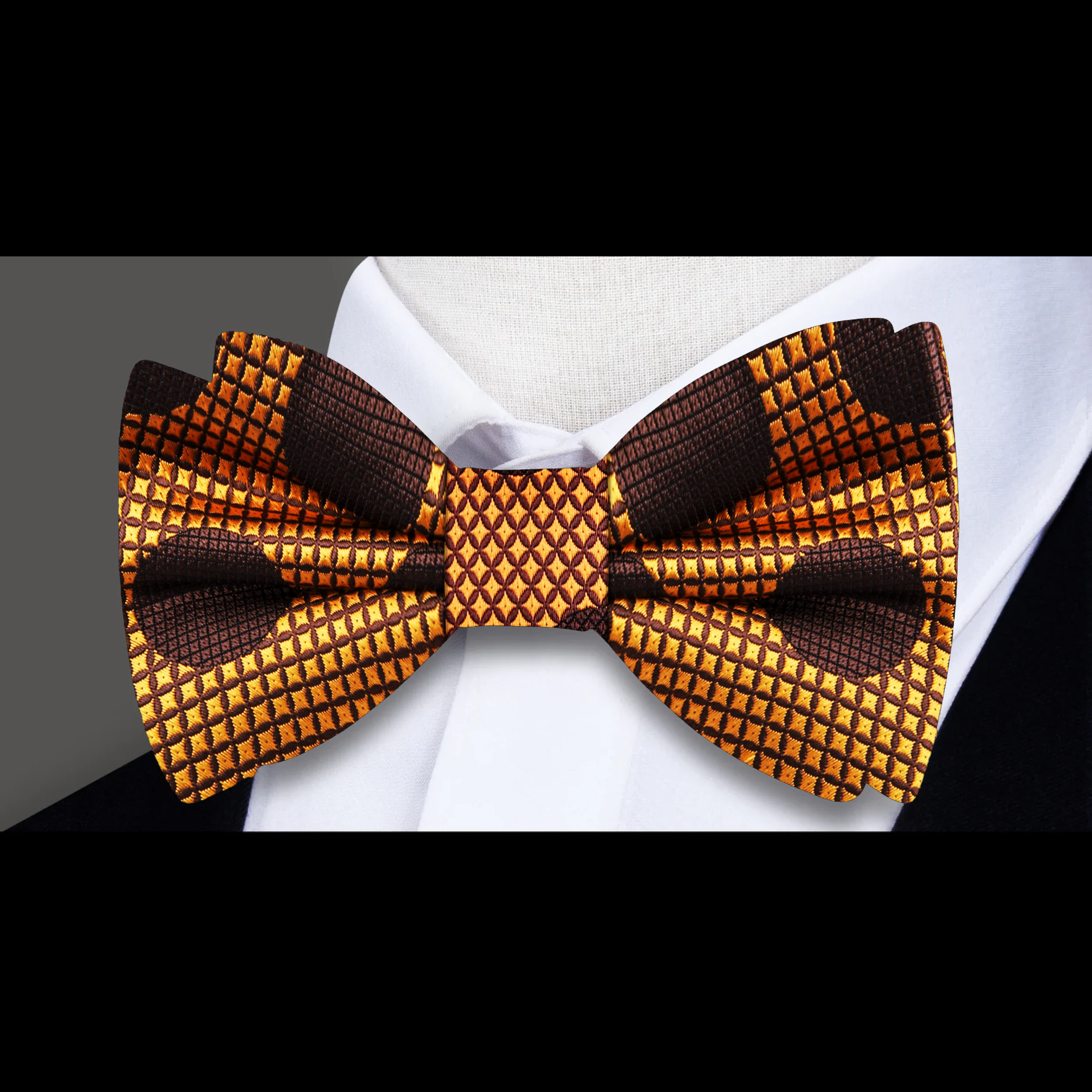 Chic copper bow tie featuring large brown polka dots, ideal for formal occasions and autumn events.
