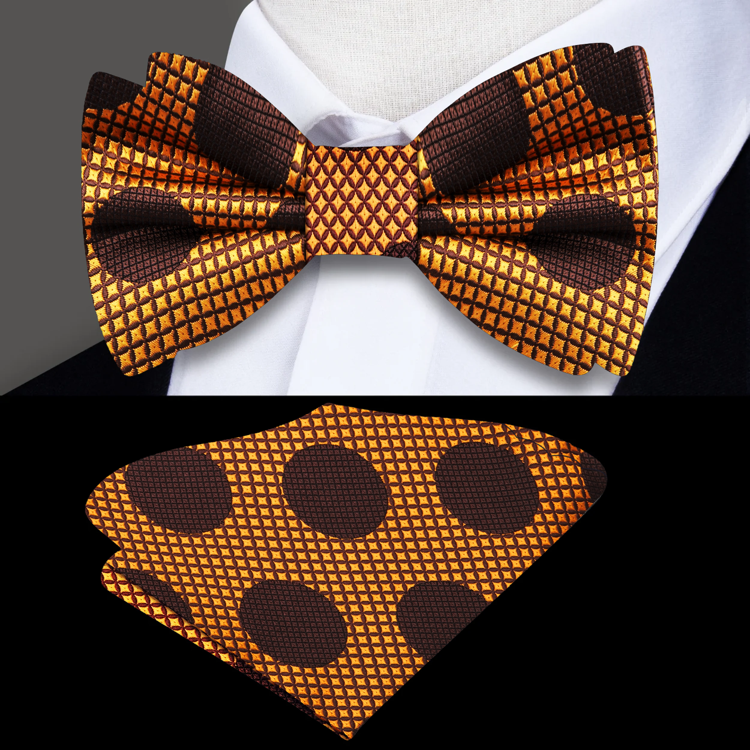 Detailed view of a copper bow tie with polka dots, showcasing the silk fabric and elegant design.
