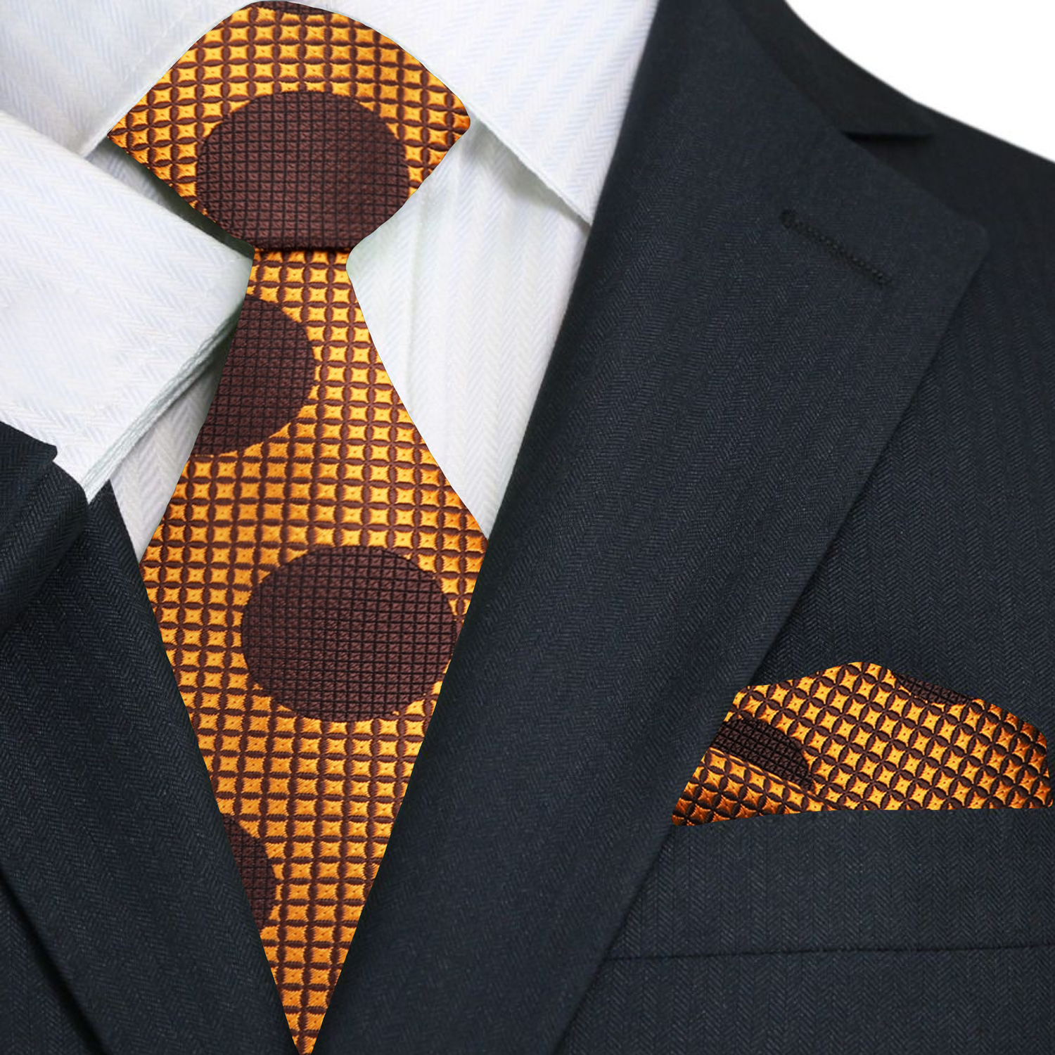 Large polka dot silk necktie in vibrant colors, showcasing the bold pattern against a white shirt.