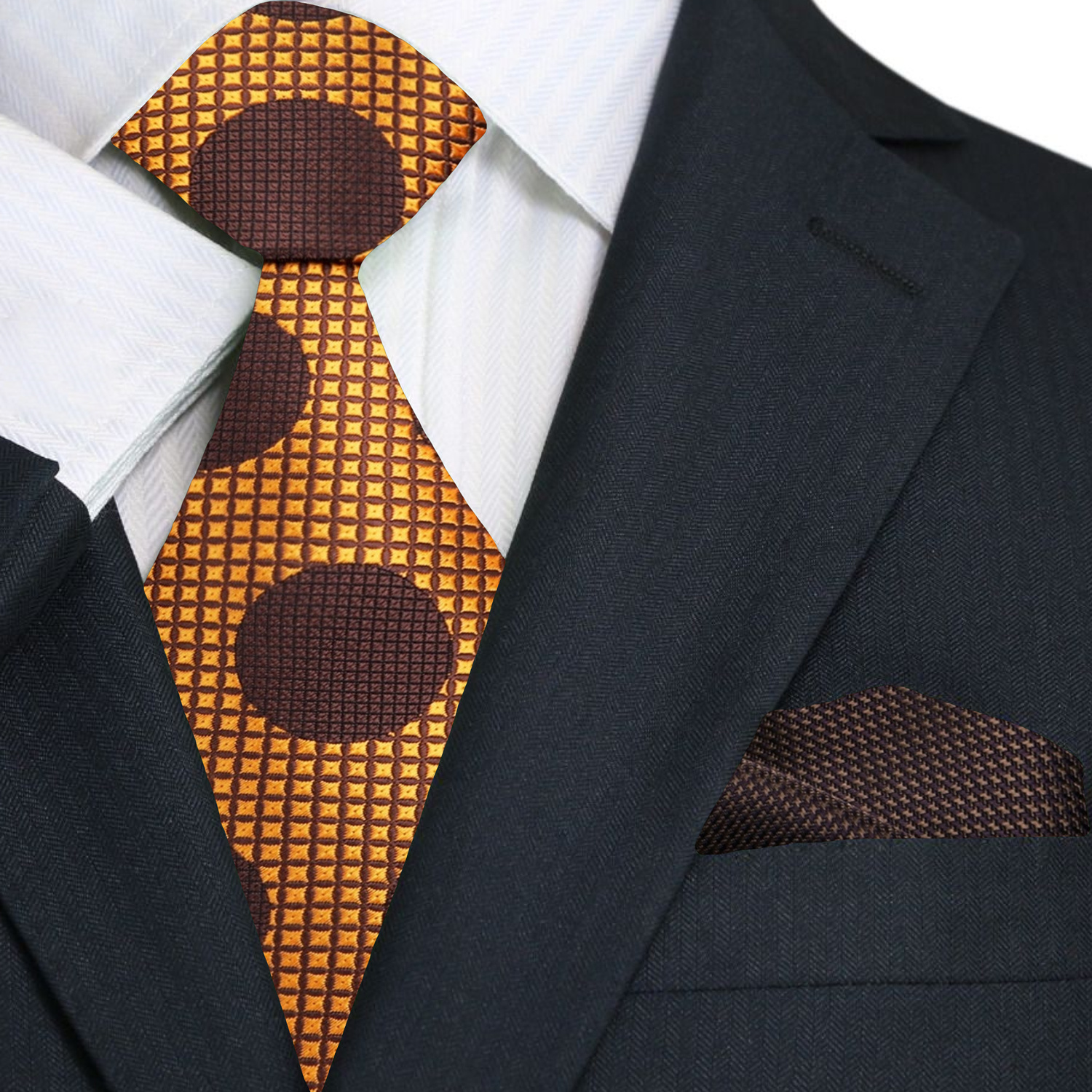 Man wearing a silk polka dot tie with a navy suit for business casual