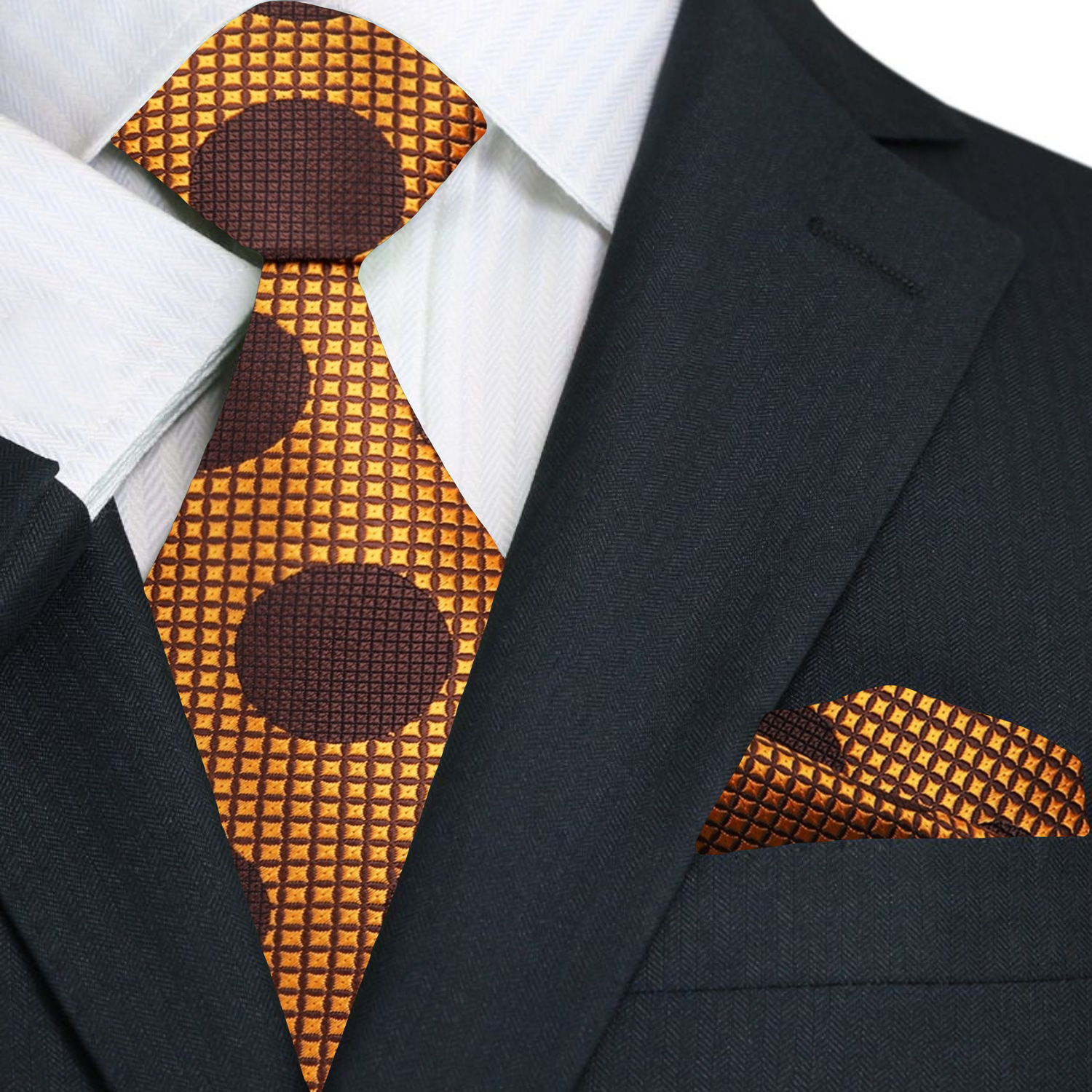 Man wearing a silk polka dot tie with a navy suit for business casual