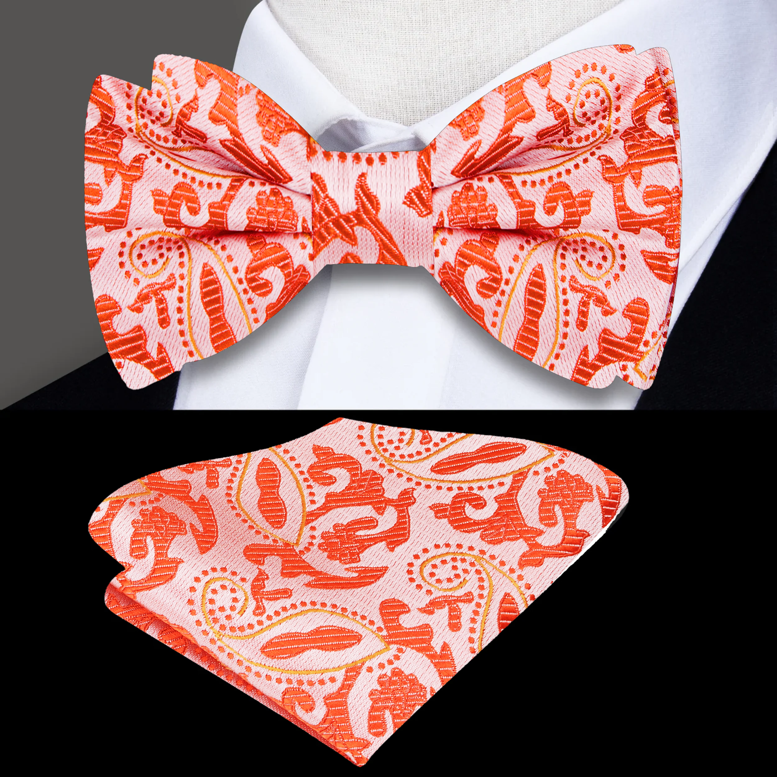 Model wearing the stylish orange bow tie at an outdoor wedding ceremony.