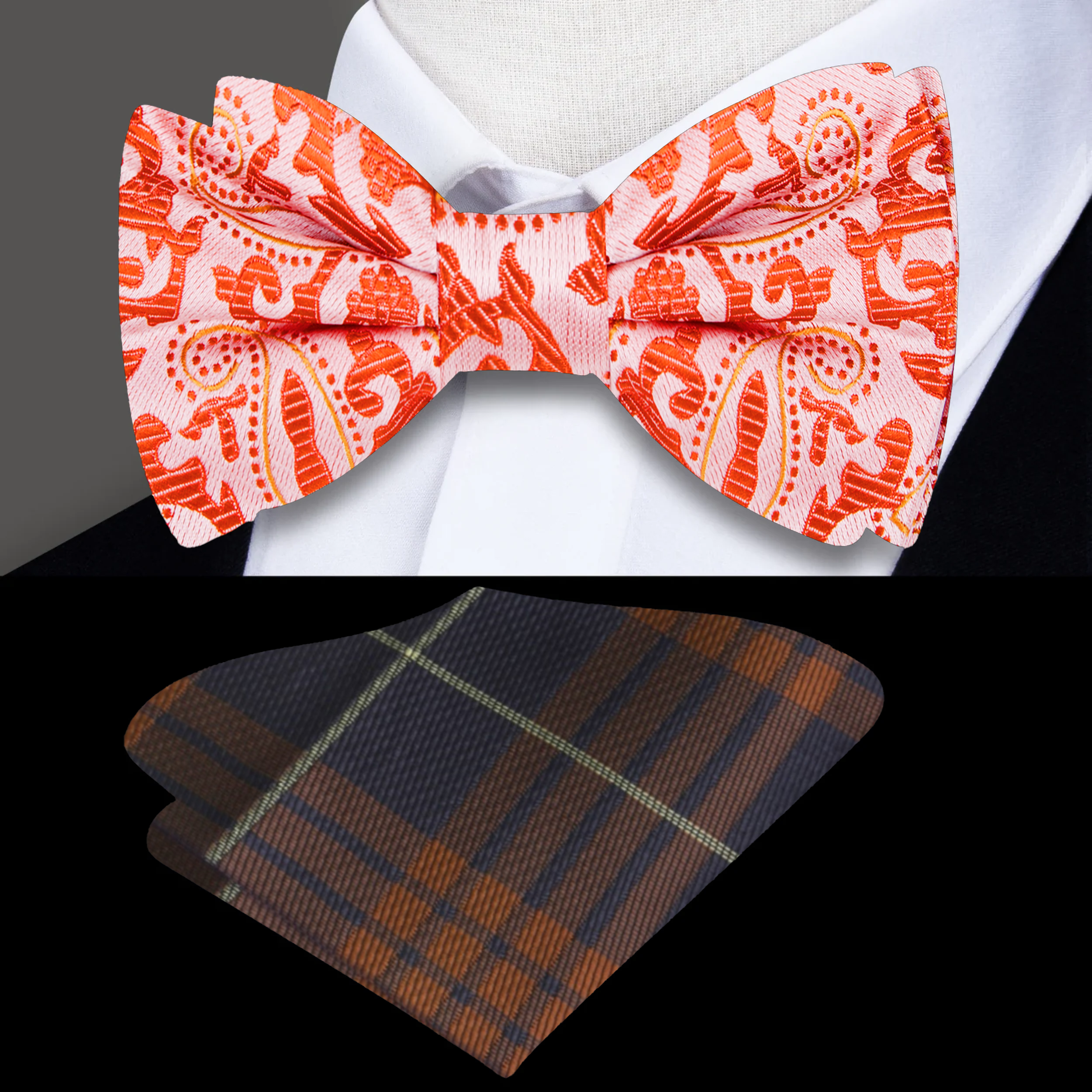 Close-up of the vibrant orange paisley bow tie showcasing its intricate design.
