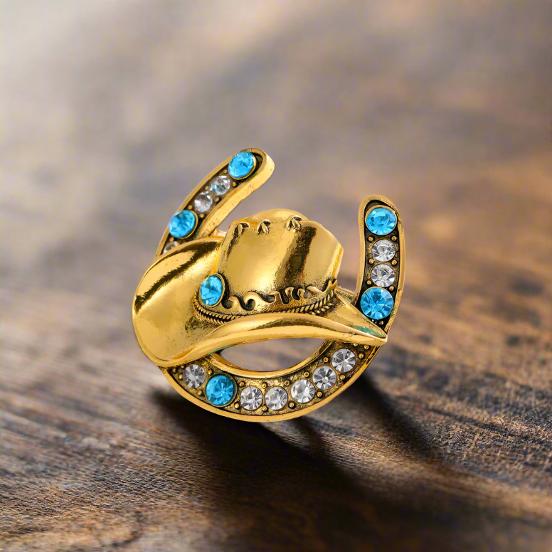 Man wearing horseshoe lapel pin at a country wedding