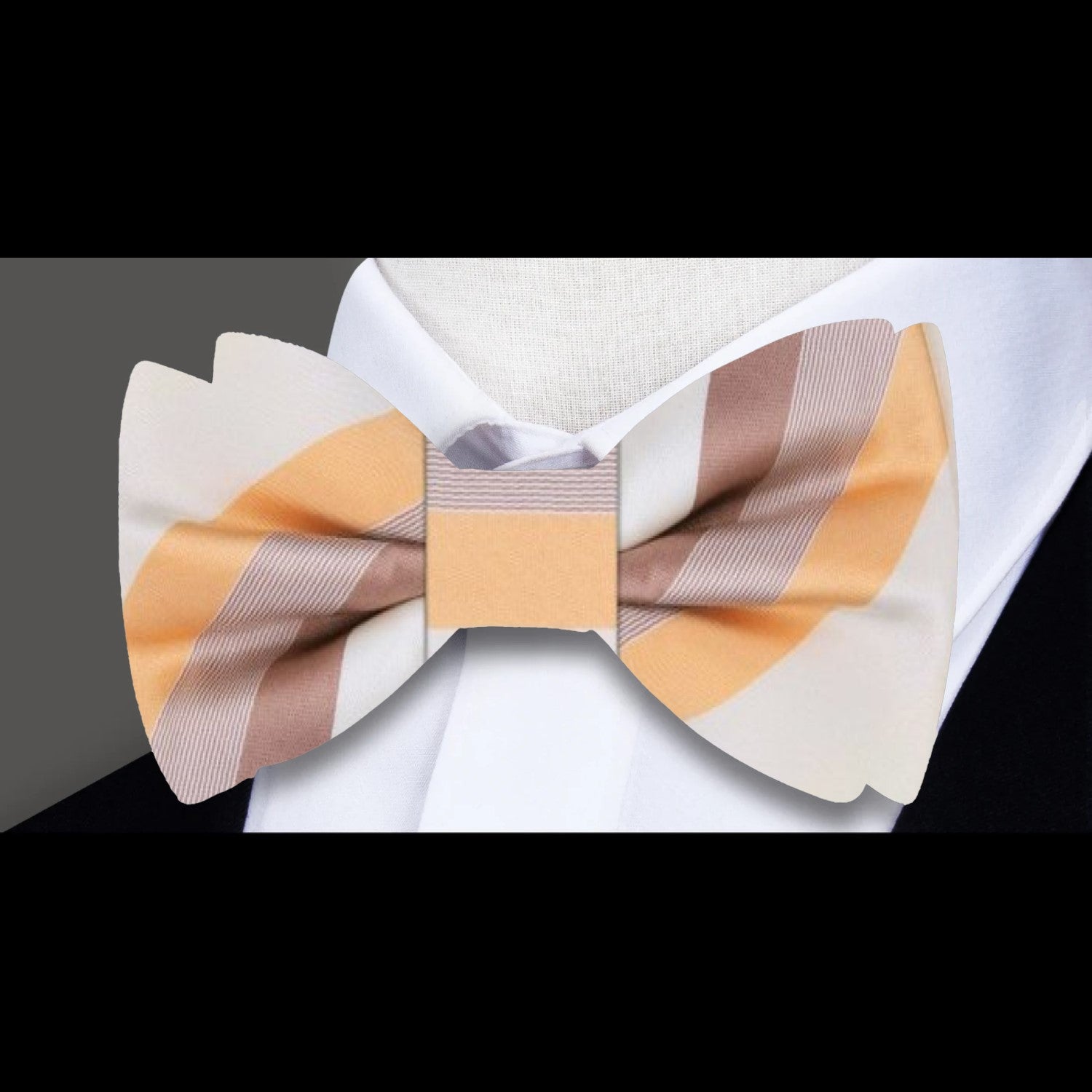 Elegant pastel striped bow tie styled on a crisp white dress shirt.