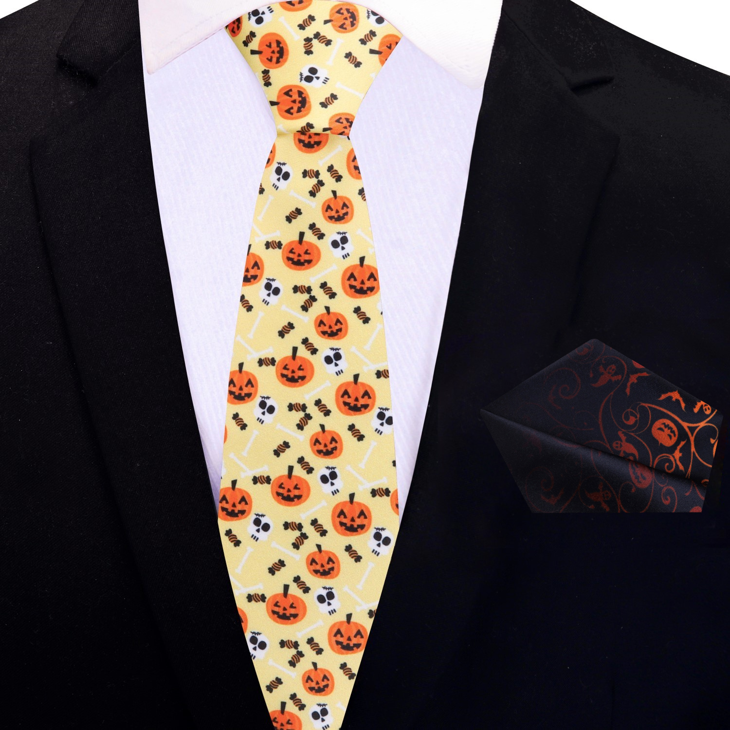 Close-up of Halloween jack-o-lantern themed necktie with vibrant orange and black pattern