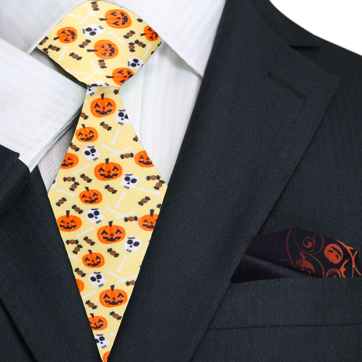 Festive Halloween necktie styled with a white dress shirt for a themed party