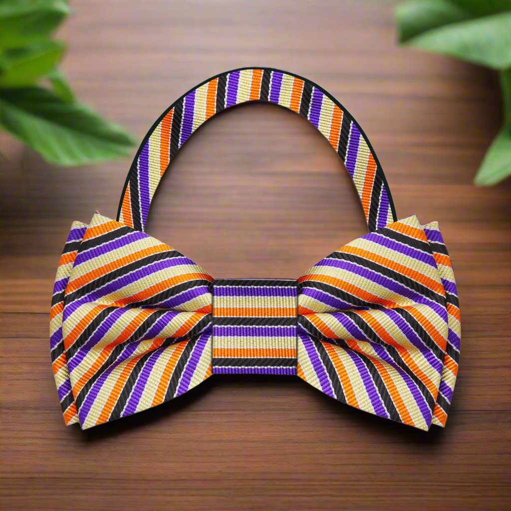 Flat lay of the striped bow tie and pocket square, demonstrating the complete stylish ensemble.