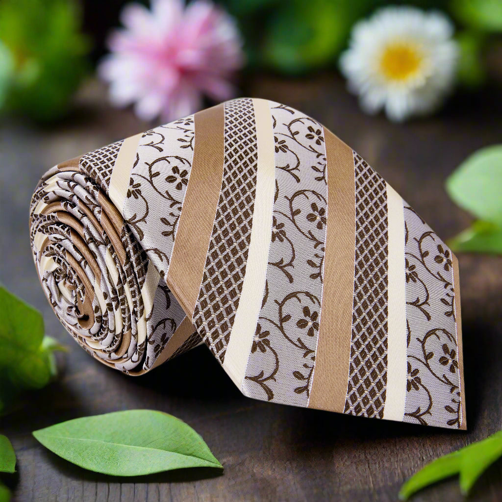 Close-up of silk tie showing floral vine pattern in golden brown tones