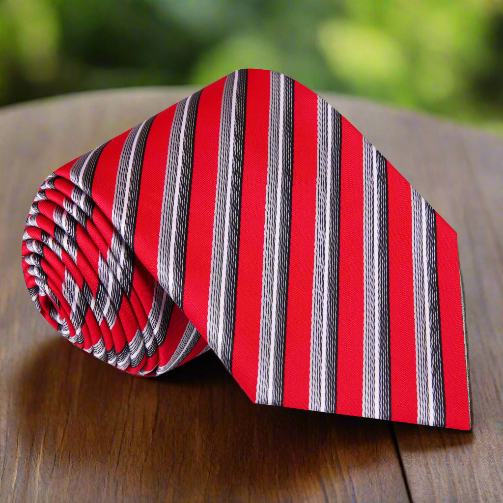 Mens striped silk tie in blue with grey, suitable for formal occasions.