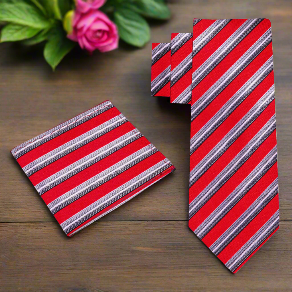 Orange and grey striped tie, perfect for weddings and celebrations.