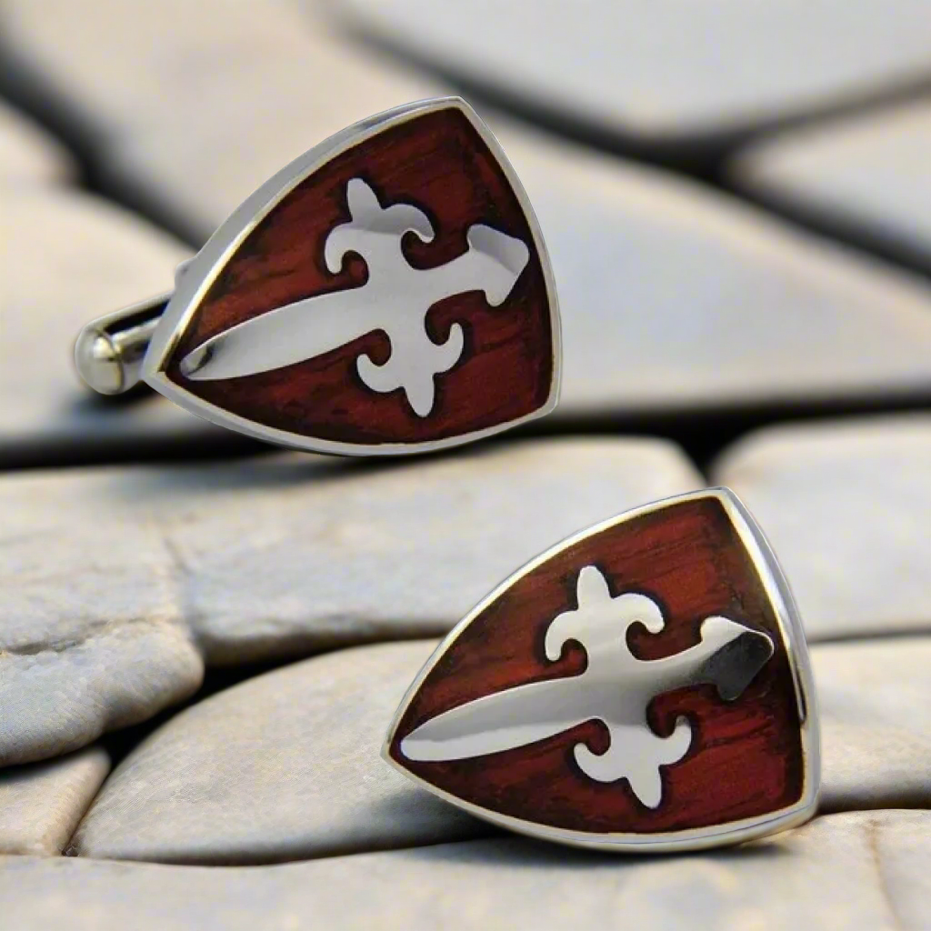 Christian Fish cufflinks displayed with a navy blue suit, demonstrating their perfect match for weddings.