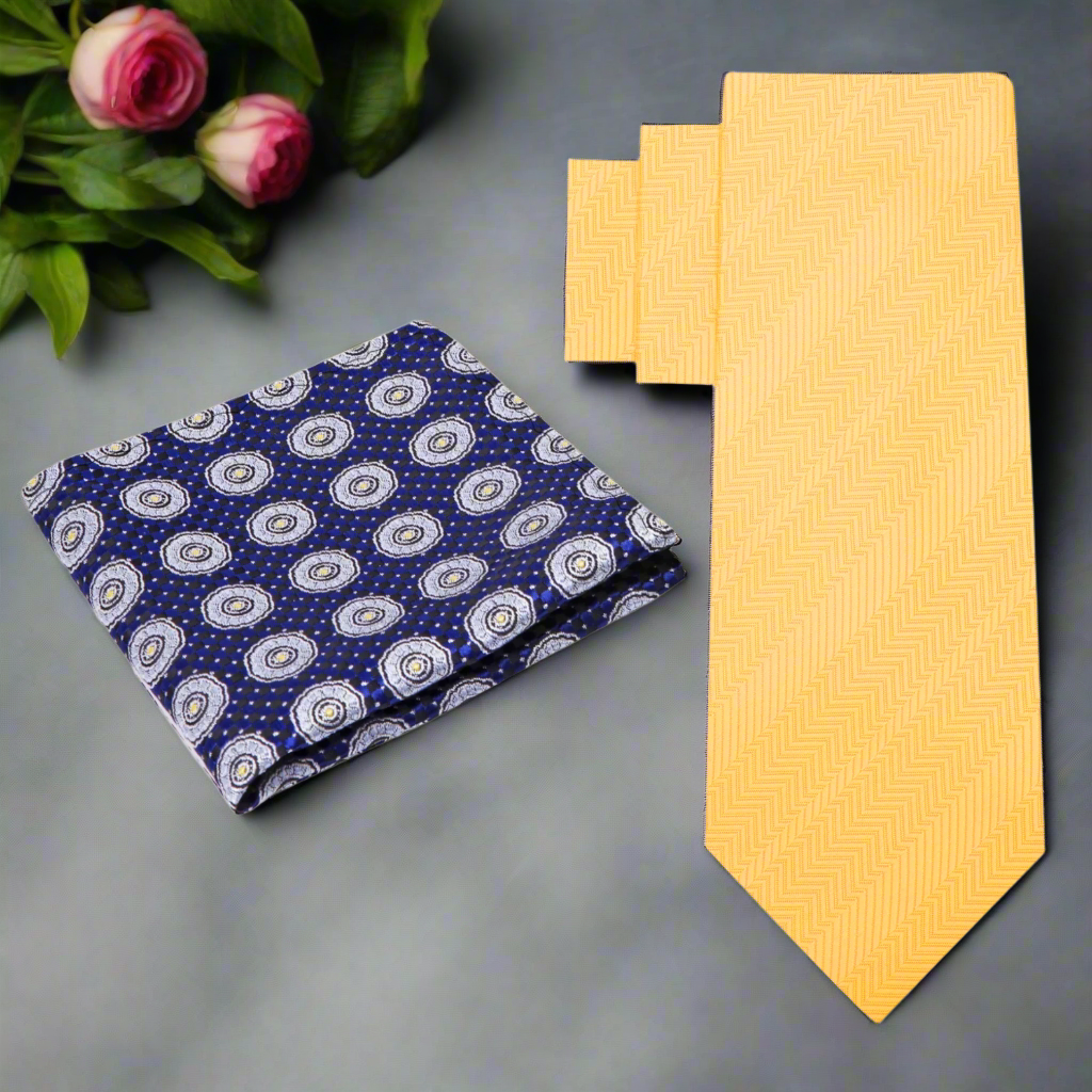 Vibrant dandelion yellow silk necktie draped elegantly on a wooden surface, perfect for weddings and formal events.