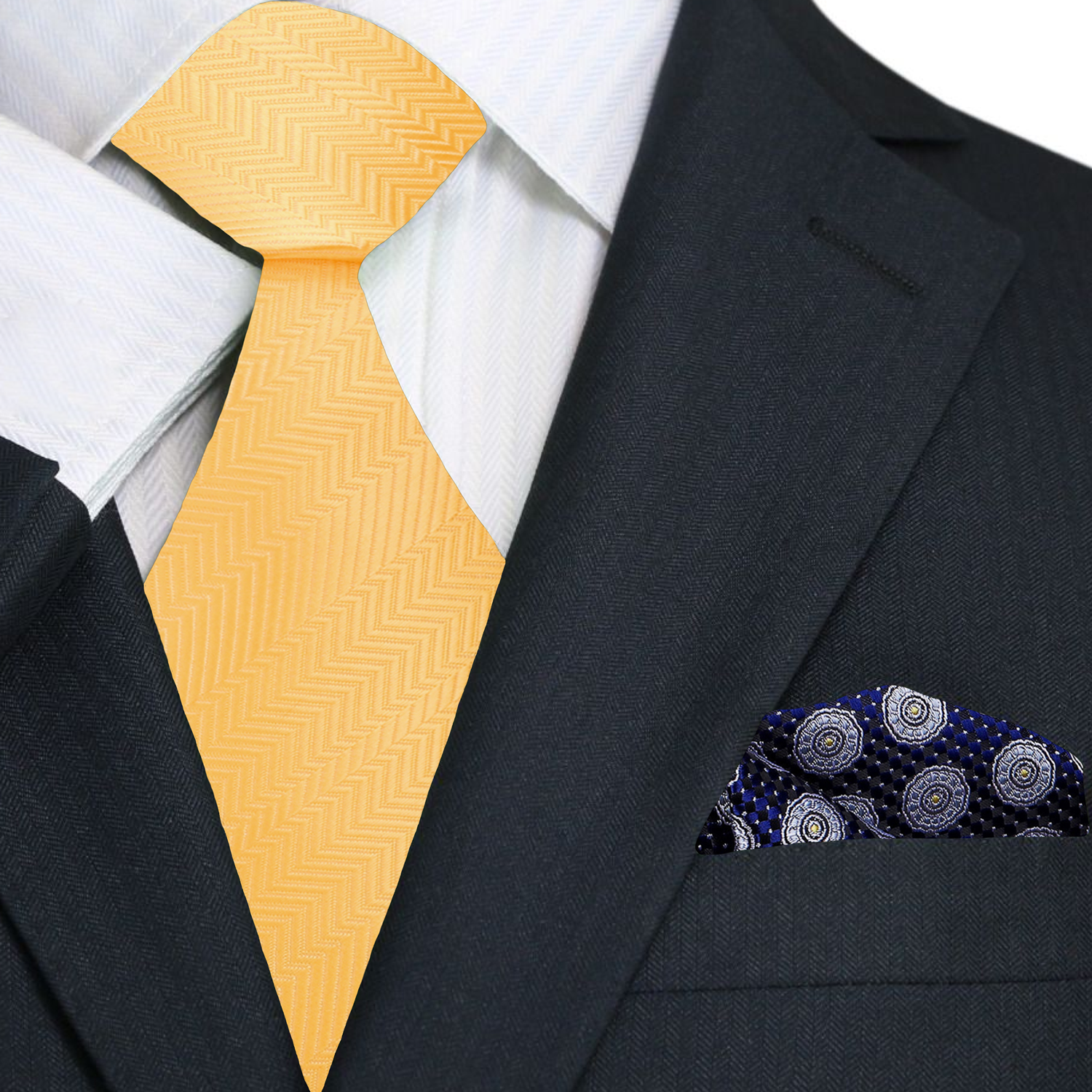 Close-up of the vibrant yellow silk ties texture, highlighting its luxurious fabric and solid color.