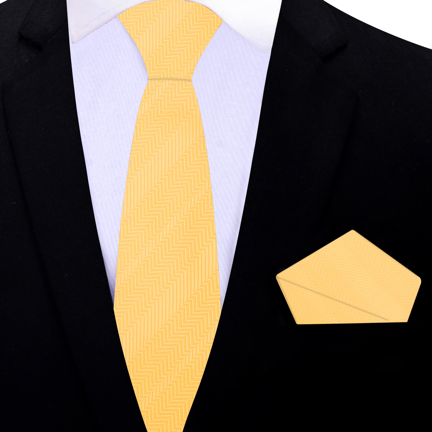 Dandelion yellow tie paired with a light blue dress shirt and navy suit, showcasing a stylish formal outfit.
